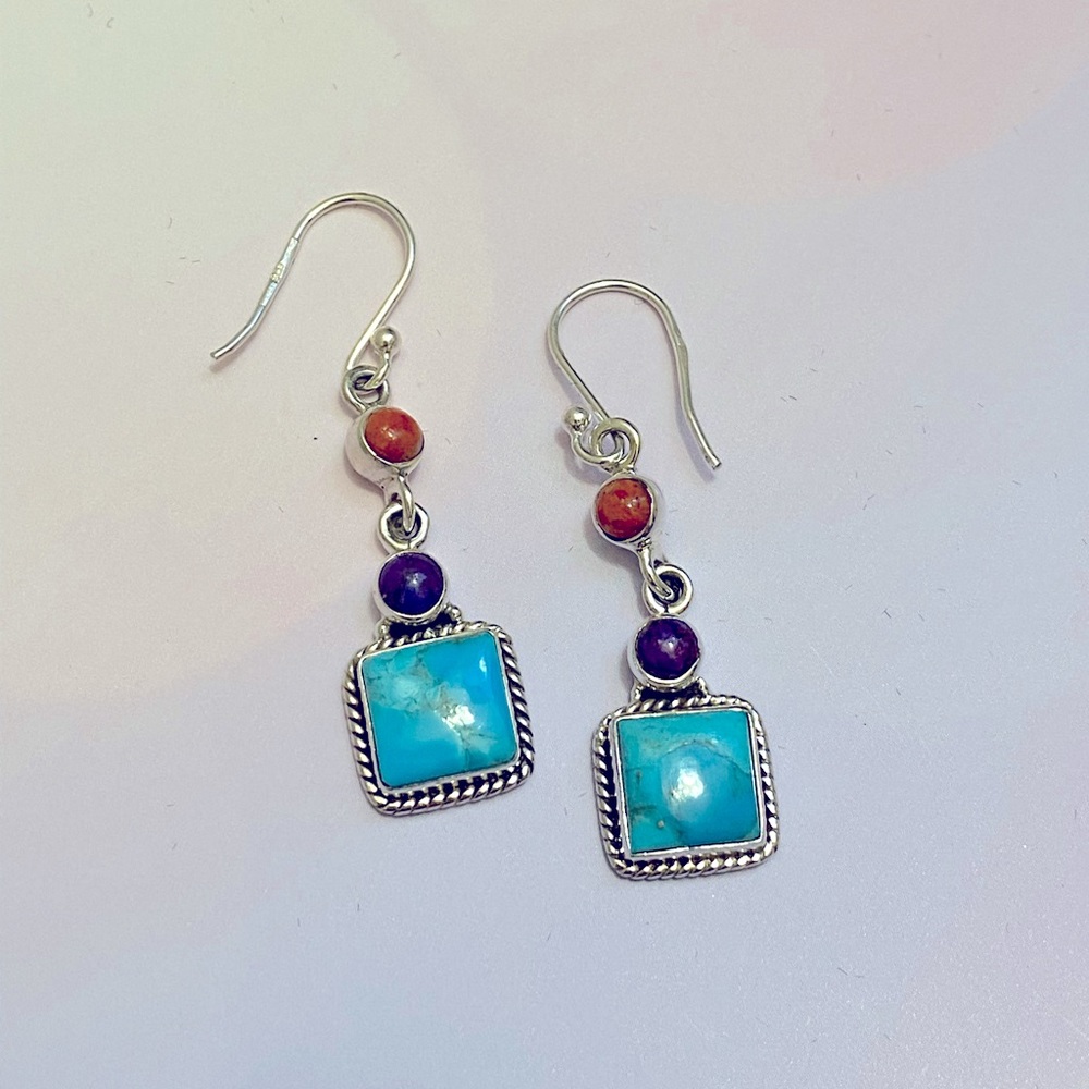 Turquoise, Purple and Coral Stone Drop Earrings - Silver Tone